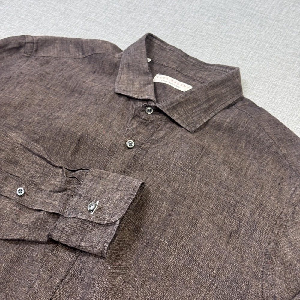 Luca Faloni Linen Popover Button-Up Shirt Mens 16.5 42 Brown Long Sleeve Italy
